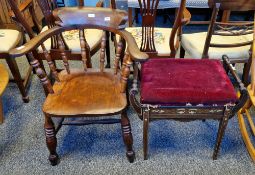 Edwardian rosewood piano stool of rectangular form with turned scroll handles, hinged cover and
