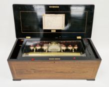 19th century Swiss cylinder orchestra music box, the walnut and ebonised case with marquetry