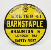 AA ( Automobile Association ) circular Barnstaple enamel motoring road sign, marked ' Exeter 41,