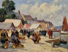 Eugene Demester (1914-1984) Oil on canvas 'Loctudy, France' harbour scene with figures at a busy