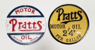 Two Pratts aluminium circular advertising signs, one ' Pratts motor oil 2'4d per gallon ' and the