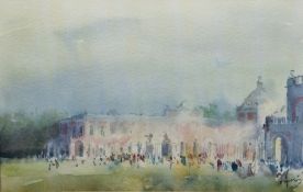 Javier Sagarzazu (Spanish, b.1946) Watercolour Figures outside a country house, signed and dated '90