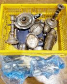 Mixed lot of silver plate including cocktail shaker, pair of Sheffield plate candlesticks, oval tray