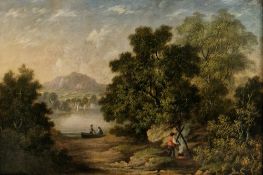 Attributed to Rev. Robert Woodley Brown (British fl.1840-1860) Oil on canvas Rustic lakeside scene