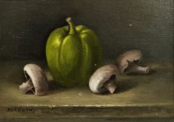 Joyce Seddon (British, 20th Century) Oil on board Still life of green pepper and mushrooms, signed