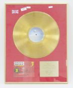 Presentation Gold disc record presented to Central Music Studio to recognise sales in the United
