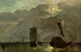 Thomas Whittle (1803-1887) Oil on canvas Moonlit maritime scene with fishing boats, cliffs and