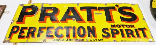Large Pratt's enamel advertising sign with red and black lettering on a yellow ground ' Pratt's
