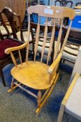Vintage beech rocking chair with turned stretcher