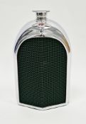 Bentley radiator chrome-plated hip flask by Ruddspeed Ltd, registered design no. 909777, with