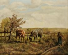 Late 19th/early 20th century Oil on canvas Rustic scene with two cows grazing in a field and