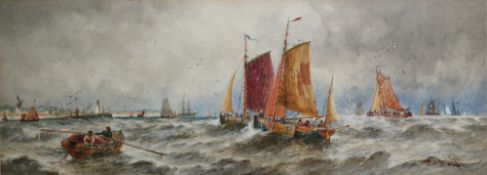 Thomas Bush Hardy (British 1842-1897) Watercolour drawing Coastal scene with fishing boats on choppy