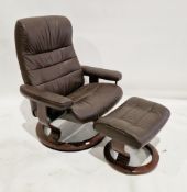 Ekornes Stressless easy chair with matching stool, both with brown leather effect upholstery, on a