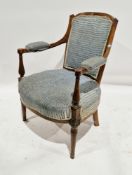 Late 19th / early 20th century open framed armchair, with blue striped upholstered back, seat and