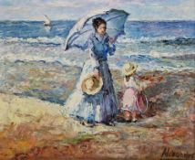 Alexandre (possibly Alejandro Alexandre, b.1925) Oil on canvas Coastal scene with woman and child