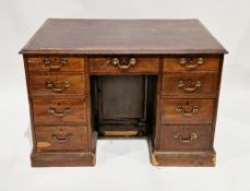 19th century mahogany twin-pedestal desk, the top with red leather inset writing surface and ogee