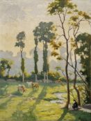 Paul Roblin (1893-1954) Oil on canvas Rural scene with cows in a field and figure sat beside a