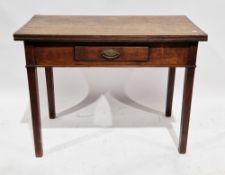 Early 19th century oak fold-over tea table, the rectangular top with reed edge, over a single frieze