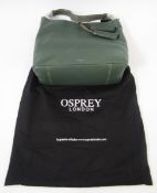 Osprey Savanna leather hobo shoulder bag in green, with two tassels, 35cm wide, and black cloth