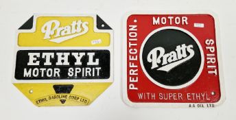 Two Pratts aluminium advertising signs, one square ' Pratts perfection motor oil with super ethyl ',