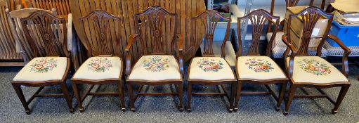 Set of six reproduction mahogany dining chairs of revived Hepplewhite-style, the backs with camel
