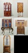 Set of five early 20th century watercolour studies of furniture, framed and glazed, largest image