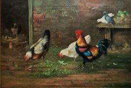 Late 19th/early 20th century English school Oil on canvas Cockerels in a yard, unsigned, framed