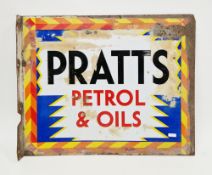Pratts enamel double-sided advertising sign ' Pratts petrol and oils ' with a chevroned orange and