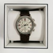 Gent's Timex Waterbury strap watch, the dial with two subsidiary dials, date aperture, on brown