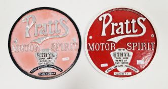 Two Pratts aluminium circular advertising signs ' Pratts motor spirit, ethyl, trade mark brand of