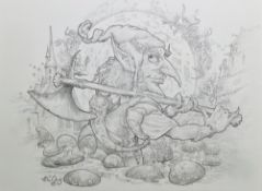 Ed Org (b.1955) Pencil on paper Original design for Hobgoblin beer label, Wychwood Brewery 1995,