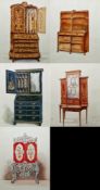 Set of five early 20th century watercolour studies of furniture, framed and glazed, largest image