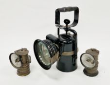 Railway's carbide hand held lamp, 27cm high together with a pair of miner's carbide lamps, 10cm