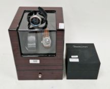 Gent's Hamilton Khaki quartz wristwatch, the polished black dial with white Arabic hour markers,