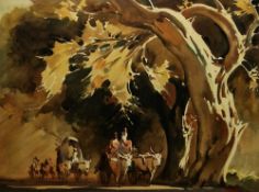 G.D. Paulraj (India, 1914-1989) Watercolour Bullock carts and gariwals traveling through woodland,