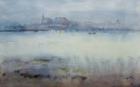 Javier Sagarzazu (Spanish, b.1946) Watercolour View of town and cathedral across a river, signed and
