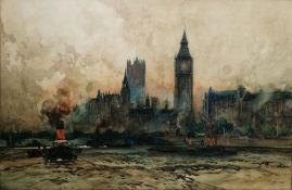Leslie Arthur Wilcox (British, 1904-1982) Watercolour View of Houses of Parliament and Westminster