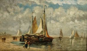 19th century English school Oil on panel Coastal scene with figures and moored fishing boats,