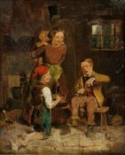 J. Hemsley (19th Century) Oil on canvas 'Caught', interior scene with mother and children, young boy
