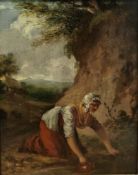 19th century English school Oil on panel  Floral scene with young woman filling earthenware