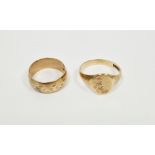 Gent's 9ct gold signet ring, ring size U, and a gent's 9ct gold wedding ring, ring size N, both with