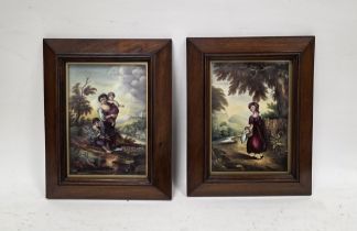 Pair of English porcelain plaques, mid-19th century, the first painted with a family in river