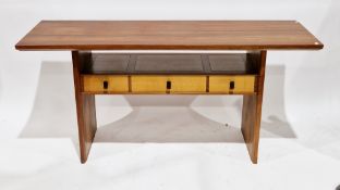 Hand-built mixed wood side cabinet or console table of contemporary design, the large rectangular