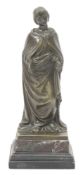 Bronze figure of classical female draped in a cloak with hands outstretched, on a stepped marble and