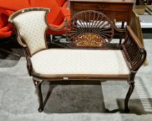 Edwardian mahogany, satinwood and ivory inlaid salon settee, the back with central pierced fan panel