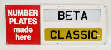 Mid to late 20th century aluminium ' Number plates made here ' motoring shop display advertising