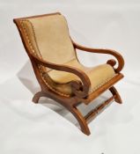 Walnut office chair with scrolled arms, turned stretcher and leather upholstery, and a matching