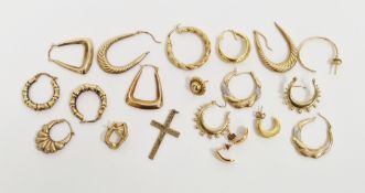 LOT WITHDRAWN 9ct gold cross pendant with engraved decoration, a pair of 9ct gold hoop earrings with
