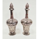 Pair of Victorian silver overlaid ruby glass decanters and stoppers, Birmingham 1900, maker's name