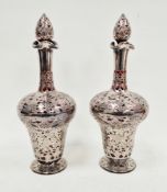 Pair of Victorian silver overlaid ruby glass decanters and stoppers, Birmingham 1900, maker's name
